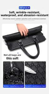 Detail of leather briefcase showing waterproof surface, scratch resistance and flexible texture