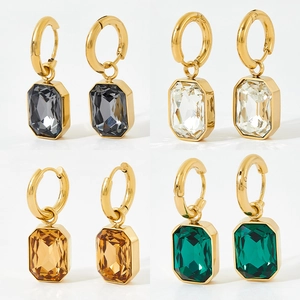 Luxurious gold-plated hoop earrings with rectangular faceted zircon in four elegant colors