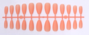 Detail view of 24 pieces matte skin pink almond shaped press-on nails set on row strips