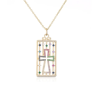 18K gold plated necklace with rectangular hollow pendant and colorful zircon cross