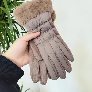 Guanti invernali da donna color marrone chiaro con bordo in pelliccia e dettaglio touch
