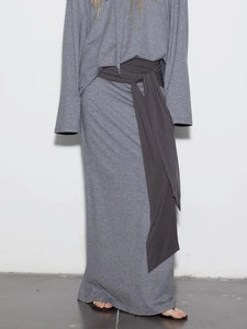 Knitted two-piece set with long-sleeve top and contrast tie-waist gray maxi skirt