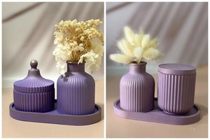 Detail of purple striped vase, storage jar and tray set with elegant gold accents