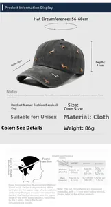 Detailed size chart for the washed cotton baseball cap with puppy embroidery and measurements