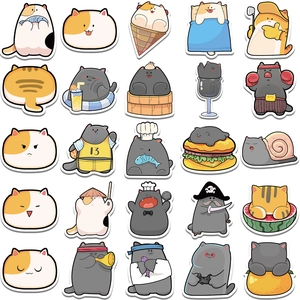 Collection of 25 unique cartoon cat stickers featuring various funny outfits and poses