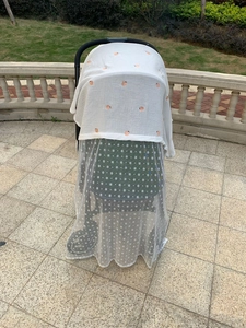 Detail view of baby stroller cover featuring peach pattern gauze and breathable dot mesh
