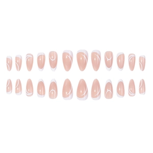 Short almond press-on nails set in nude pink with elegant white spiral line patterns