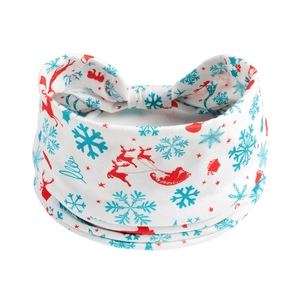 Close-up of white Christmas headband with reindeer, snowflake patterns and a soft bow