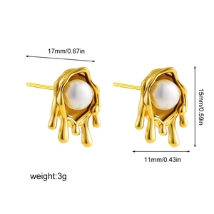 18K gold lava drop earrings with white pearl inlay featuring elegant melted metal texture