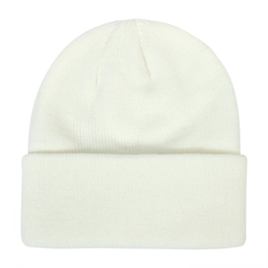 Close-up view of a pure white knitted beanie featuring a classic ribbed cuff texture.