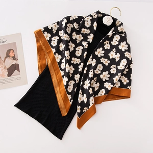 Elegant floral print silk scarf in black and white with golden borders for women