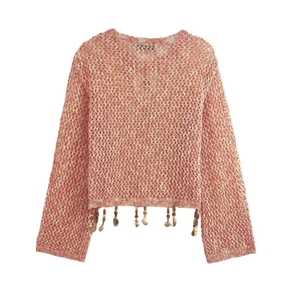 Women's open knit long sleeve sweater with bohemian shell fringe and bead charms