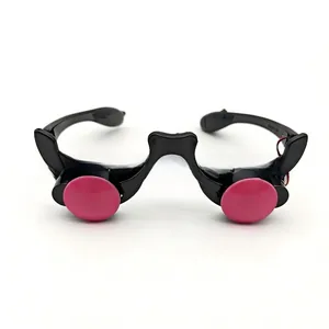 Detail of creative LED Halloween glasses with pink circular glowing elements and black frame