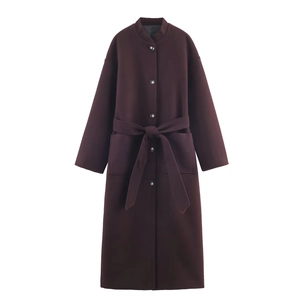 Women long sleeve wool blend coat with stand collar and waist belt in deep burgundy