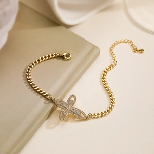 Luxury 18K gold plated Cuban chain bracelet featuring a sparkling zircon cross pendant