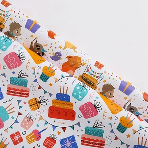 80g coated paper birthday gift wrap with colorful cartoon animals and cake patterns