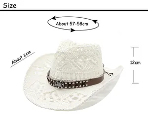 Size chart showing 8cm brim and 57-58cm circumference for the woven straw cowboy hat