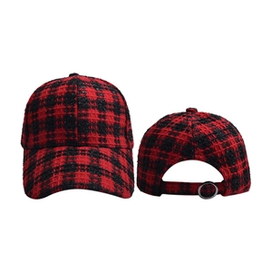 Detailed views of red houndstooth baseball cap with adjustable metal ring buckle