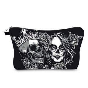 Makeup Bag Waterproof Polyester Skull Rose Print Day Of The Dead Style Travel Toiletry Storage Portable For Women