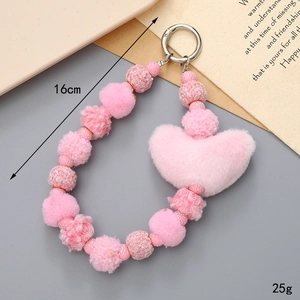 Pink plush heart keychain bag charm with metal ring and beaded chain length 16cm