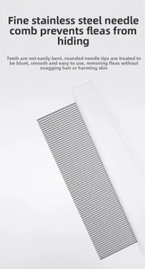 Macro detail of the pet flea comb showing dense stainless steel teeth and rounded tips