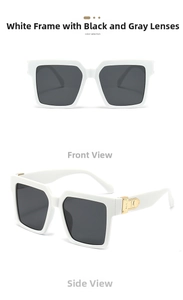 Detailed views of white square sunglasses with black lenses and gold M-metal temple decor