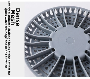Dettaglio del filtro per lavello in silicone grigio con fori fitti per drenaggio rapido