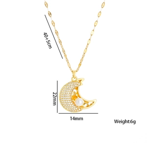 Gold moon necklace with zircons and pearl, size 22x14mm, adjustable 40+5cm chain length