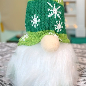 Lighted Christmas faceless gnome plush with green striped knitted hat and white beard