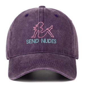 Detailed embroidery of female silhouette and text on purple washed cotton baseball cap