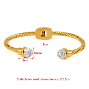 Golden twisted cable stainless steel cuff bracelet with sparkling crystal inlay terminals