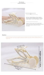 Detailed view of gold alloy rabbit hair claw clip with pearls and rhinestones 10.1cm size