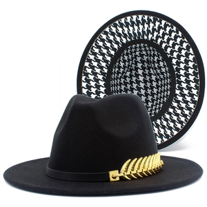 Classic black felt fedora hat featuring gold leaf buckle and houndstooth lining