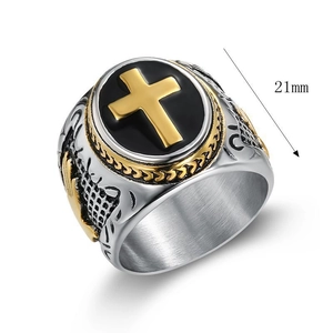 Macro detail of men's stainless steel cross ring showing 21mm height and relief patterns