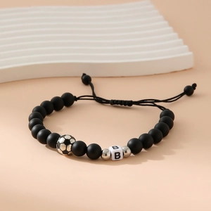 Men's matte black beaded soccer bracelet with letter B charm and adjustable cord