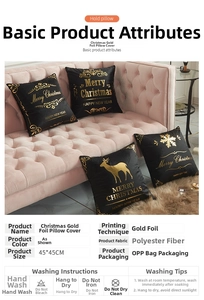 Detail of Christmas pillow cover with gold foil reindeer and 45x45cm size specs