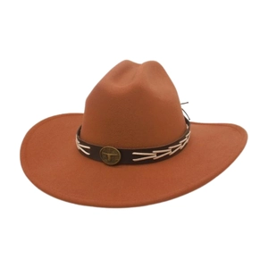 Detail of brown western cowboy hat featuring wide brim and bronze bull head emblem decoration