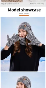 Detailed view of winter knitted set featuring soft white fleece lining on the beanie and neck warmer