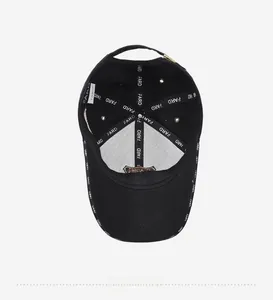 Detail view of the black baseball cap interior featuring FARD branded inner seams and lining