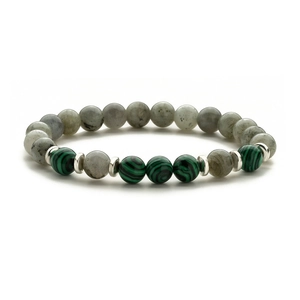 Handgefertigtes Perlenarmband mit Malachit, Labradorit Steinen und Silber-Zwischenstücken