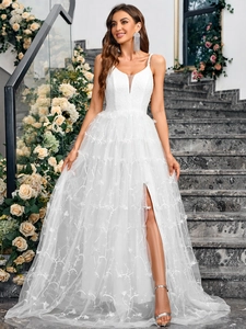 Elegant white V-neck mesh dress with floral embroidery and high side slit detail