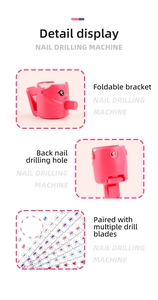 Detailed view of pink cat nail drill machine with folding stand and DIY accessories