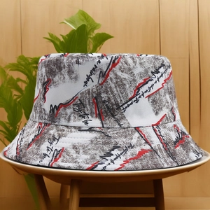 Double-sided graffiti bucket hat for women in stylish white canvas with red and black prints