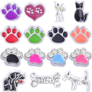 Breloques Flottantes Empreinte De Patte Alliage Émail Strass Accessoires De Médaillon Bijoux DIY Chat Chien Os Design