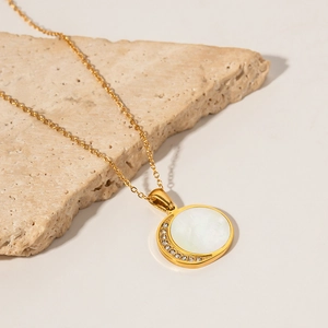 18K gold stainless steel necklace with natural shell moon and sun zircon pendant
