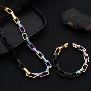 Hip hop rainbow titanium steel geometric chain bracelet and necklace set with gold clasps