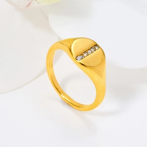 French Minimalist Stainless Steel Gold Plated Rhinestone Row Signet Ring For Women Elegant Fashion Finger Jewelry Ring