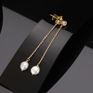 Elegant s925 silver gold pearl drop earrings with baroque freshwater pearls and cubic zirconia