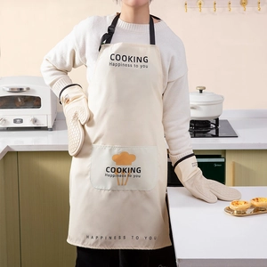 Beige heat-resistant silicone oven mitts and apron set for professional kitchen baking