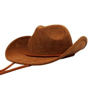 Brown faux suede western cowboy hat with decorative braided band and adjustable wind rope